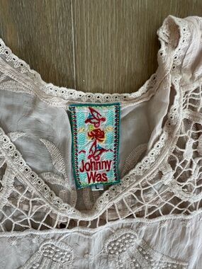 Johnny Was Blush Lace Top with Colorful Embroidered Label